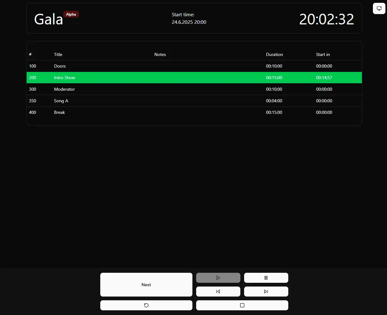 Rundown app interface showing Gala event with time-based cue list